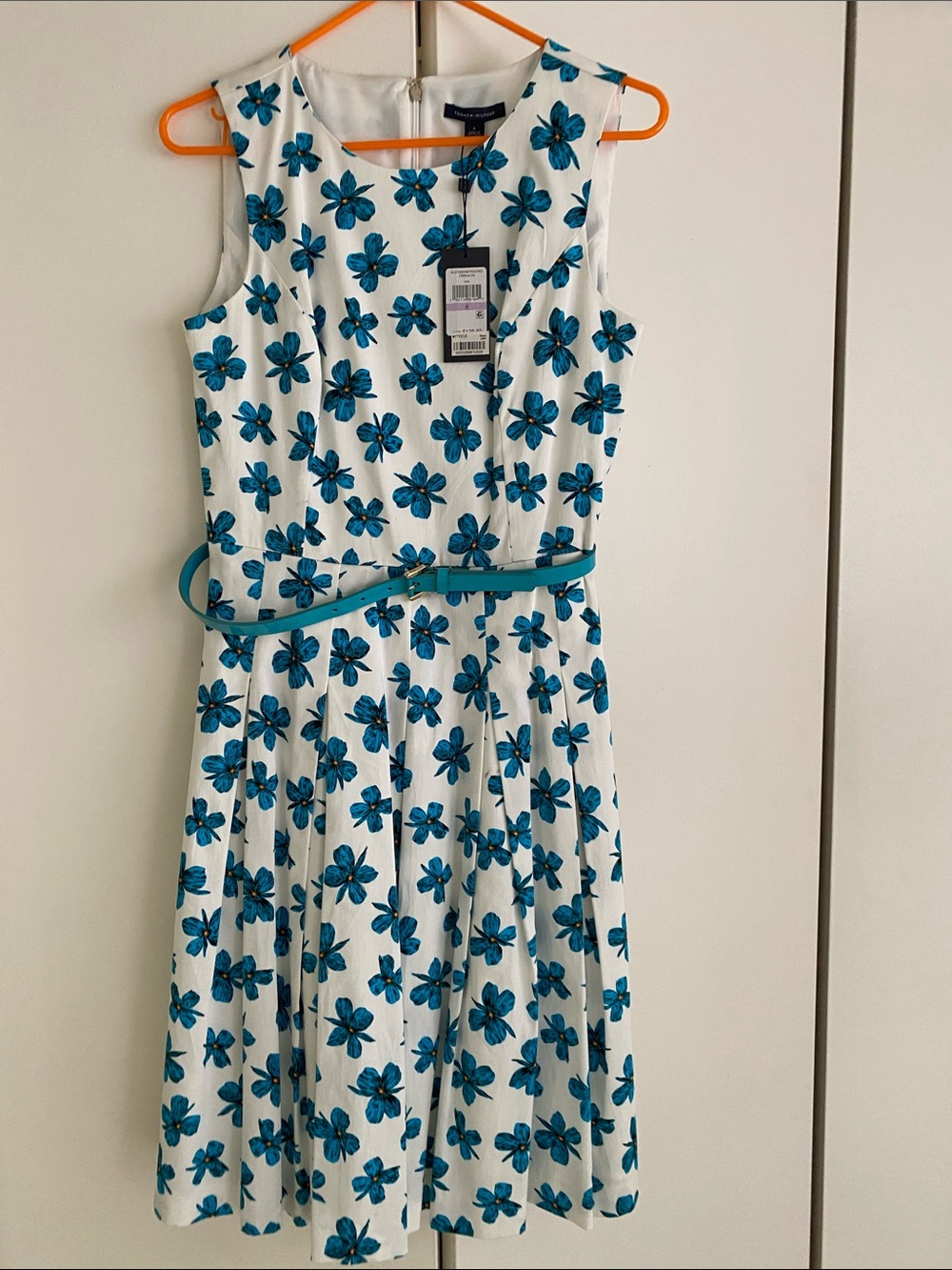 Tommy Hilfiger White Dress with Blue Floral Print and Teal Belt